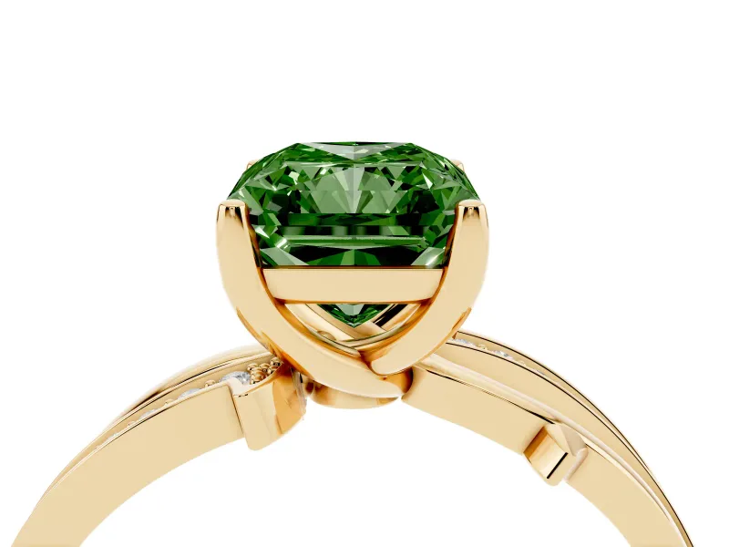 Fancy Green Radiant Cut Diamond Pavé Twist Band Solitaire Ring Set in Yellow gold with Prong Setting