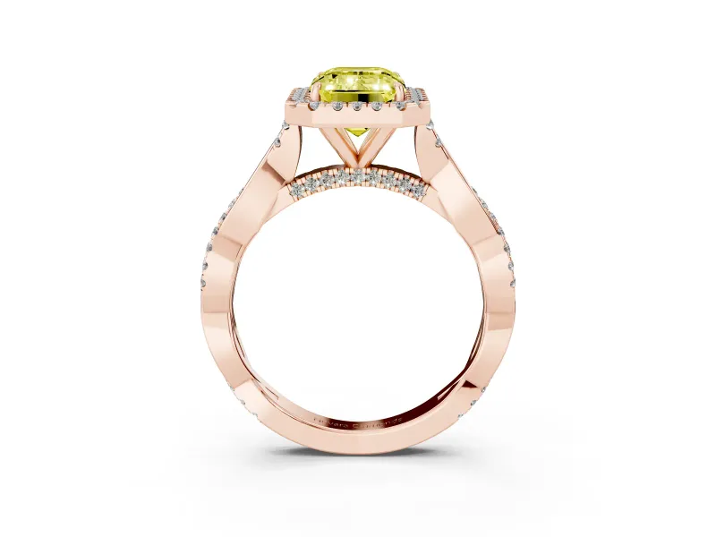 Emerald Cut Twist Halo Engagement Ring Setting for a Fancy Yellow Lab-Grown Diamond | Rose Gold