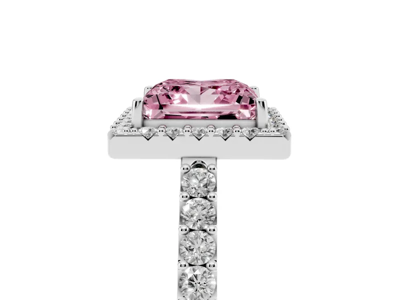 Fancy Pink Princess Cut Diamond Halo Pavé Solitaire Ring Set in White gold with Prong-Set Center Stone