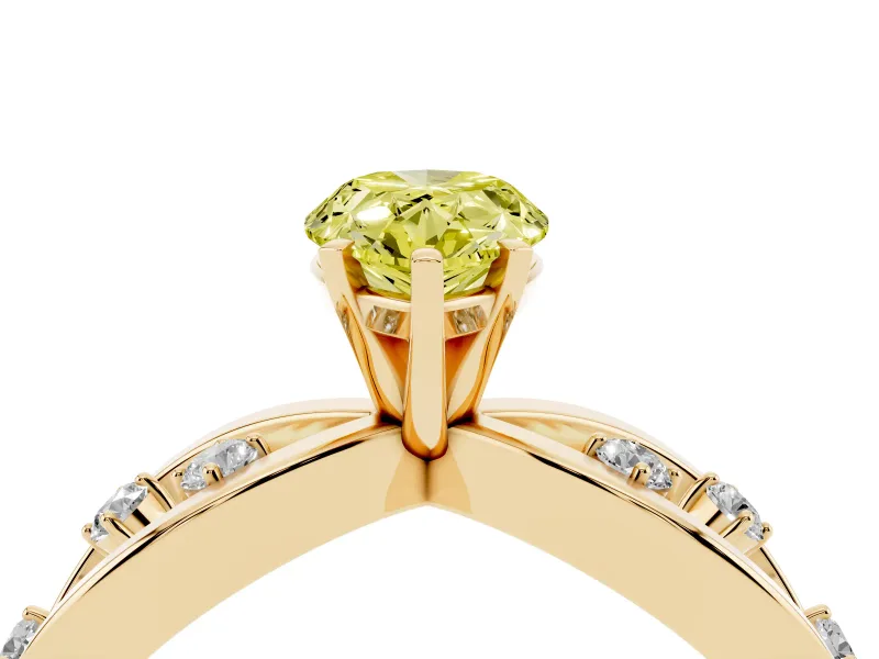 Fancy Yellow Pear Cut Diamond Solitaire Ring Set in Yellow gold with Side Stones on Criss-Cross Band and Prong Setting