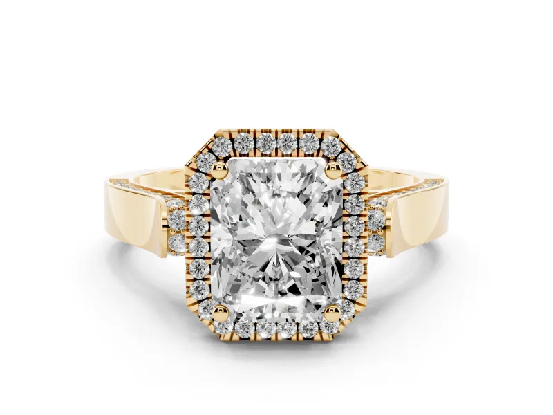 Radiant Cut Diamond Halo Ring Set in Yellow gold with Pavé-Lined Split Shank Band