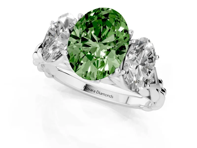Fancy Green Oval Cut Diamond Three-Stone Ring Set in Platinum with Braided Band