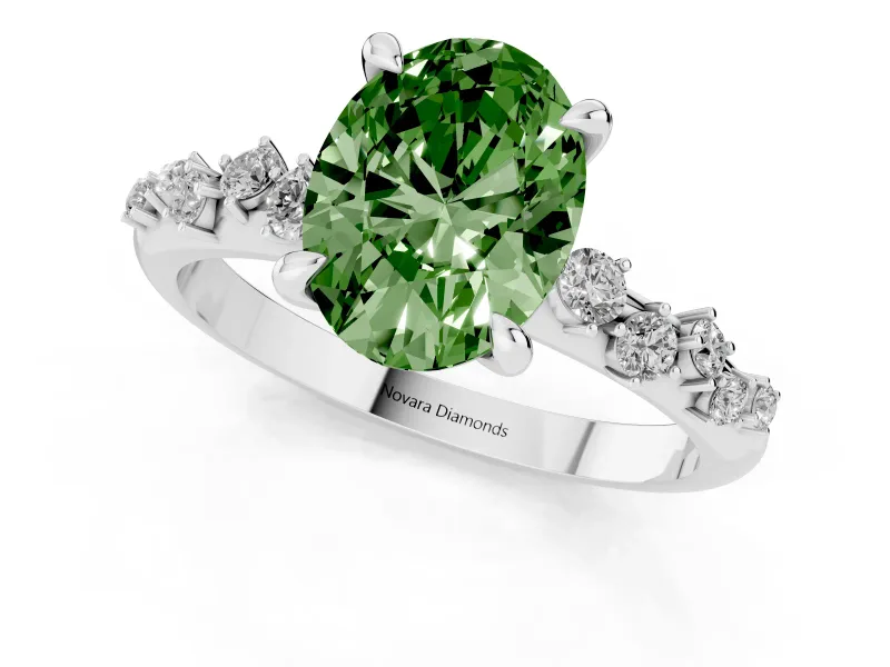 Fancy Green Oval Cut Diamond Solitaire Vine Band Ring Set in White gold with Round Accents and Prong Setting