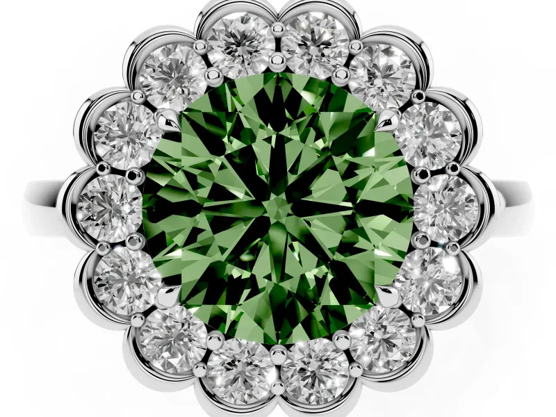 Round Scalloped Cluster Halo Engagement Ring Setting for a Fancy Green Lab-Grown Diamond | Plain Band | Platinum