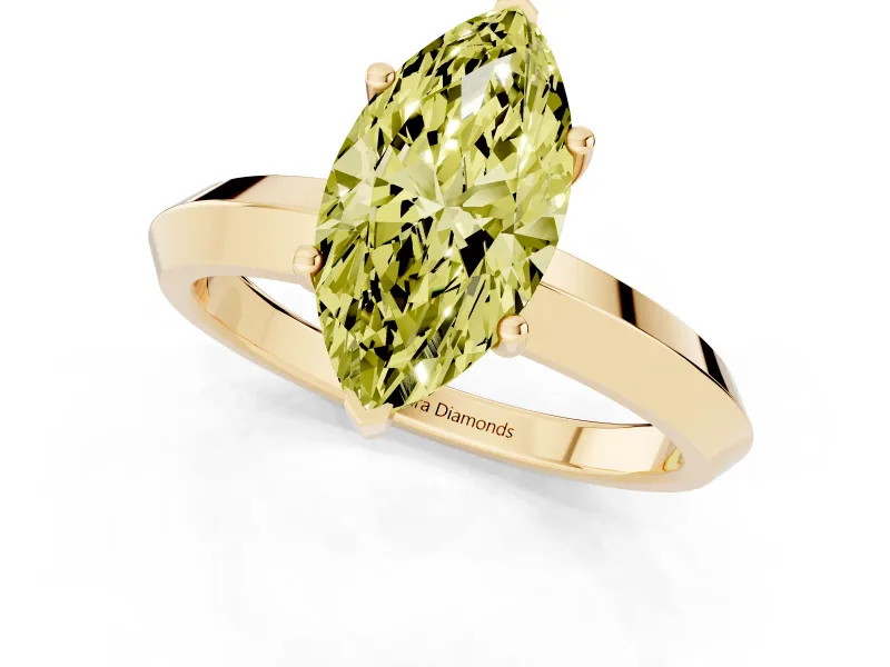 Fancy Yellow Marquise Cut Diamond Solitaire Engagement Ring Set in Yellow gold with Flat Band and Prong Setting