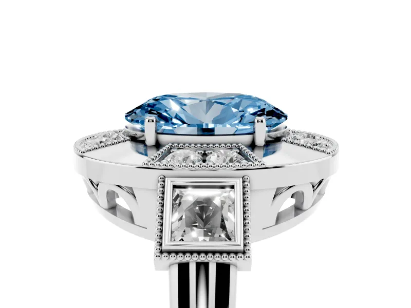 Fancy Blue Oval Cut Diamond Milgrain Halo Ring Set in Silver with Split Shank