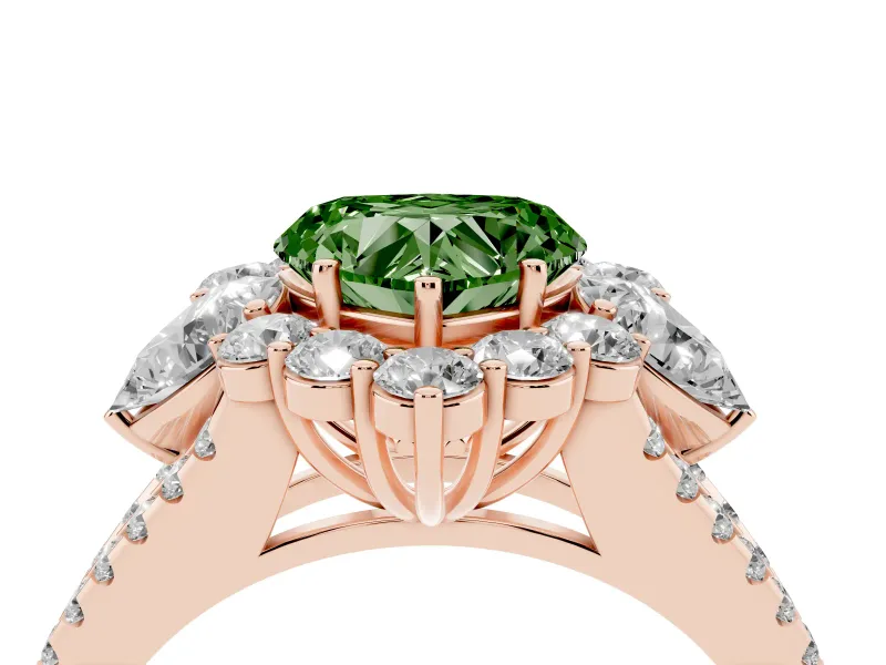Fancy Green Heart Cut Diamond Halo Split Shank Engagement Ring Set in Rose gold with Prong-Held Center Stone