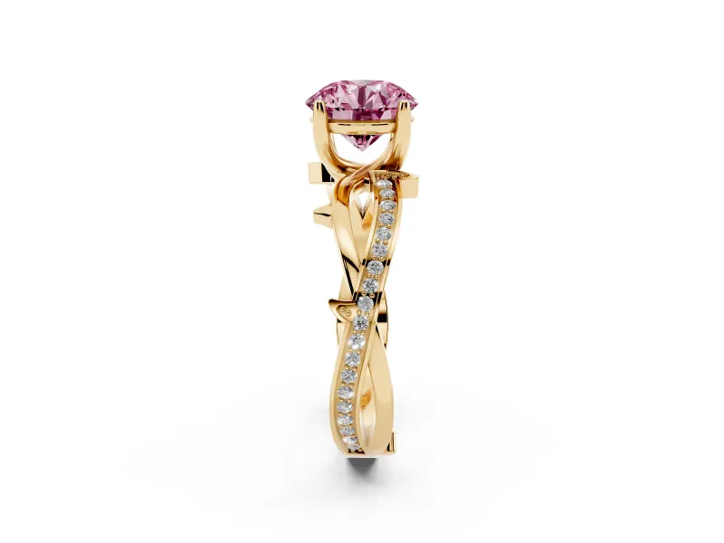 Round Twisted Pavé Engagement Ring Setting for a Fancy Pink Lab-Grown Diamond | Pavé and Plain Strands | Yellow Gold