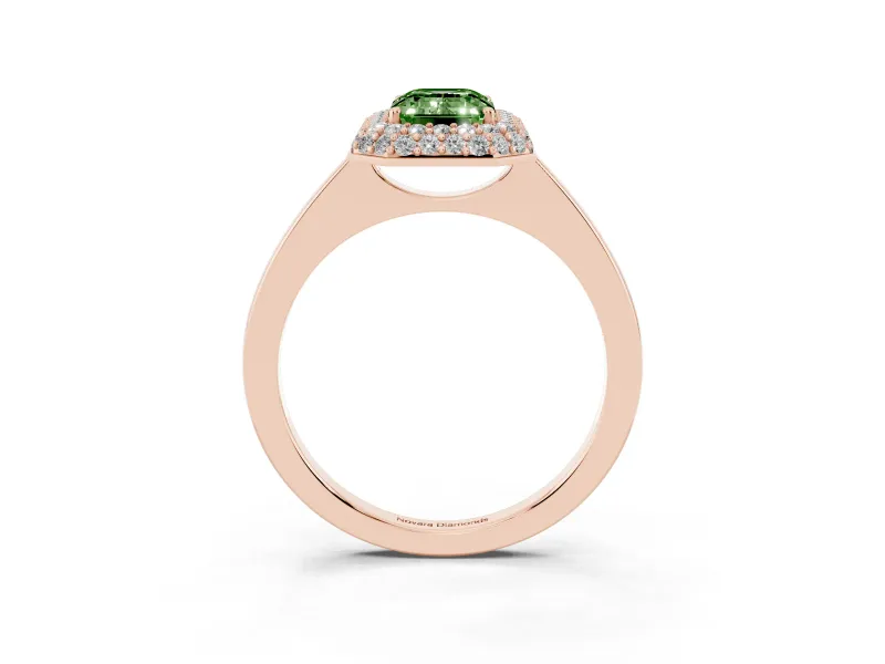 Emerald Cut Pave Halo Engagement Ring Setting for a Fancy Green Lab-Grown Diamond | Slim Plain Band | Rose Gold