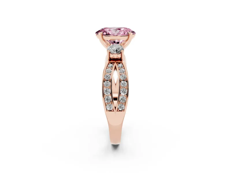 Fancy Pink Three-Stone Oval Cut Diamond Twist Band Ring Set in Rose gold with Pavé Accents and Prong Setting