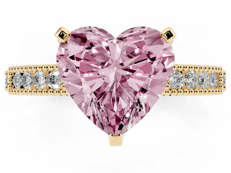 Fancy Pink Heart Cut Diamond Solitaire Ring Set in Yellow gold with Slim Pavé Band and Prong Setting