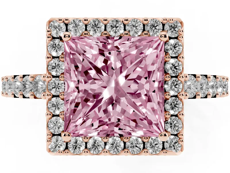 Fancy Pink Princess Cut Diamond Halo Pavé Solitaire Ring Set in Rose gold with Prong-Set Center Stone