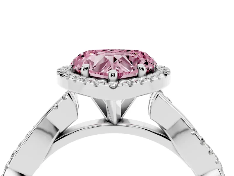 Fancy Pink Heart Cut Diamond Halo Twisted Band Ring Set in Silver with Prong Setting