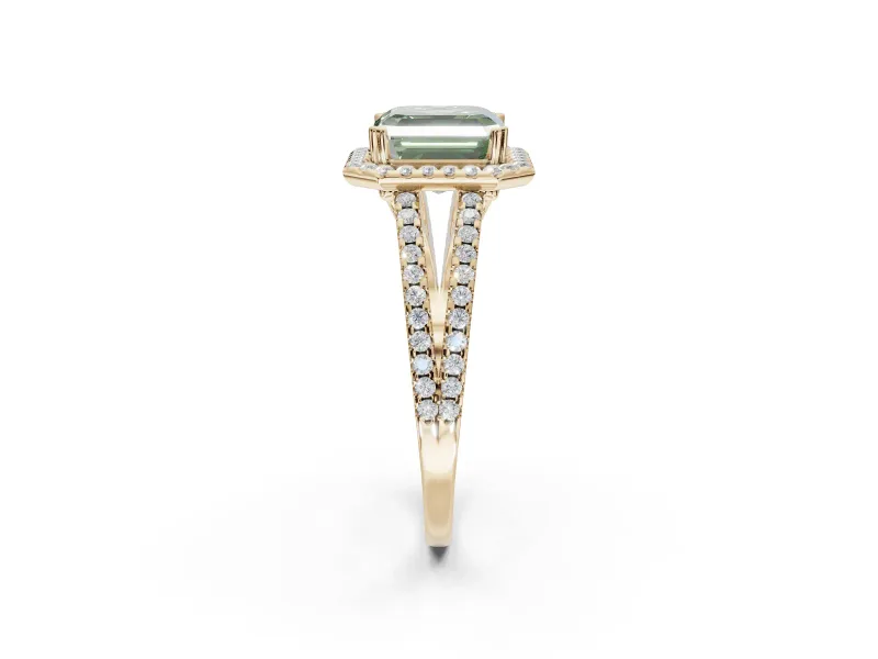 Asscher Cut Halo Split Shank Engagement Ring Setting for a Fancy Green Lab-Grown Diamond | Pavé Shoulders | Yellow Gold