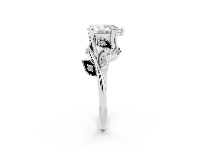 Pear Cut Diamond Solitaire Twist Engagement Ring Set in Platinum with Pavé Leaf Accents