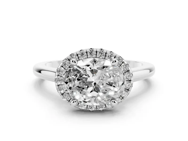 Oval Cut Diamond Halo Engagement Ring Set in White gold with Pavé Band and Rising Shoulders
