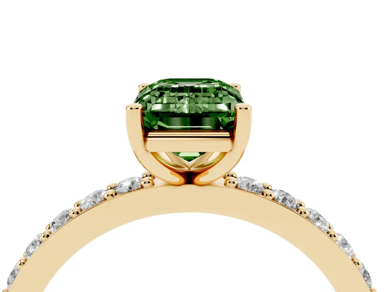 Fancy Green Emerald Cut Diamond Solitaire Set in Yellow gold with Round Pavé Band and Prong Setting