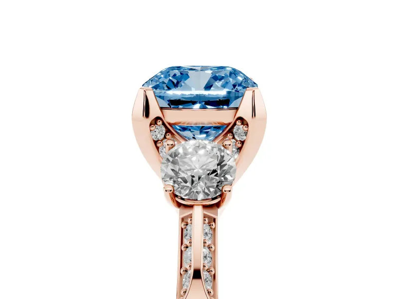 Cushion Cut Hidden Halo Three Stone Engagement Ring Setting for a Fancy Blue Lab-Grown Diamond | Rose Gold