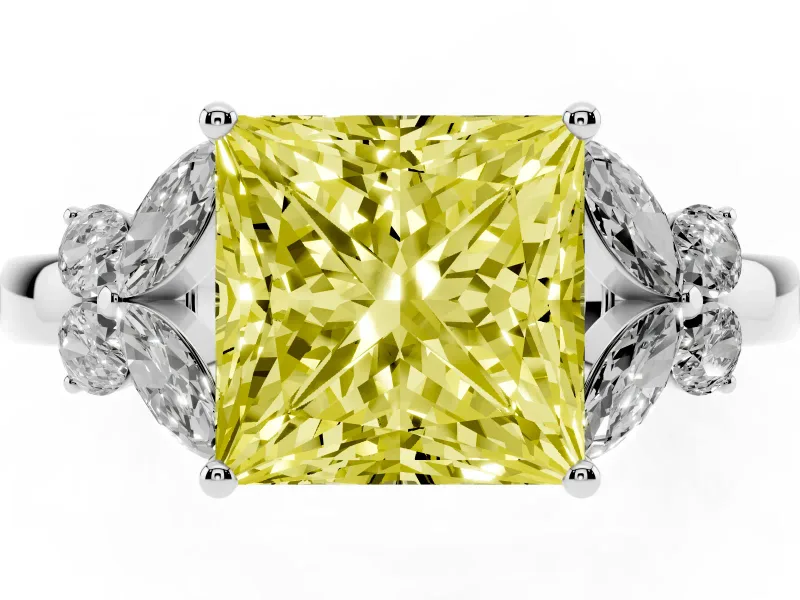 Fancy Yellow Princess Cut Diamond Solitaire Floral Ring Set in White gold with Marquise Petals and Prong Setting