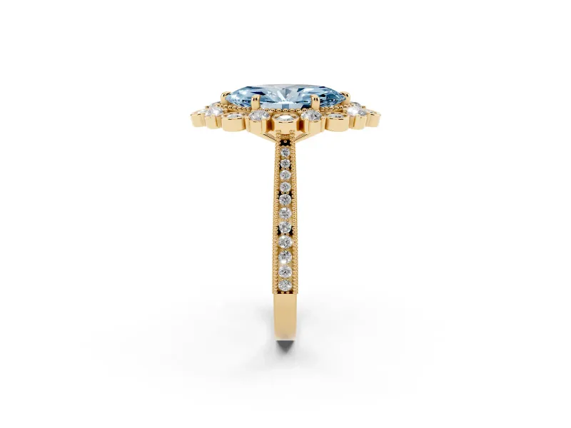 Fancy Blue Marquise Cut Diamond Halo Milgrain Pavé Ring Set in Yellow gold with Prong Setting