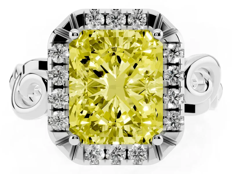 Fancy Yellow Radiant Cut Diamond Halo Ring Set in White gold with Scrollwork Band and Prong Setting