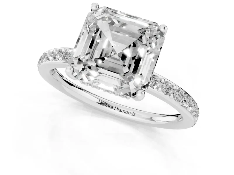 Asscher Cut Diamond Pavé Band Ring Set in White gold with Prong-Set Center Stone