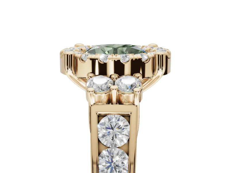 Round Halo Engagement Ring Setting for a Fancy Green Lab-Grown Diamond | Side Clusters | Yellow Gold