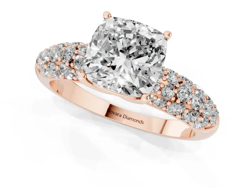 Cushion Cut Multi Row Pave Solitaire Engagement Ring Setting | Domed Shoulders | Rose Gold