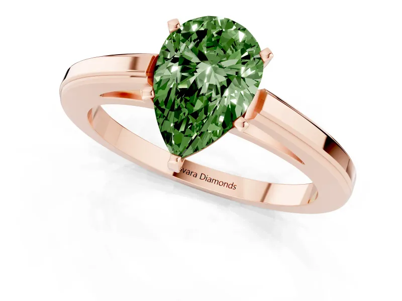 Fancy Green Pear Cut Diamond Solitaire Ring Set in Rose gold with Prong Setting and Classic Band