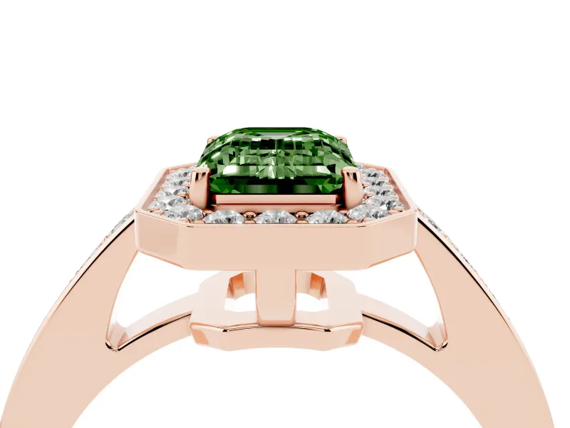Fancy Green Emerald Cut Diamond Halo Pavé Engagement Ring Set in Rose gold with Bezel Setting