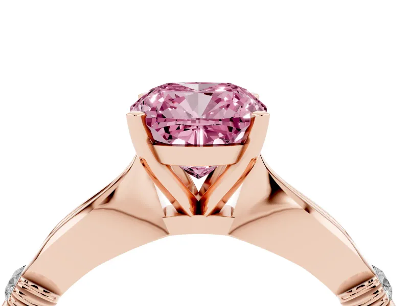 Fancy Pink Cushion Cut Diamond Solitaire Twisted Band Ring Set in Rose gold with Accent Stones and Prong Setting