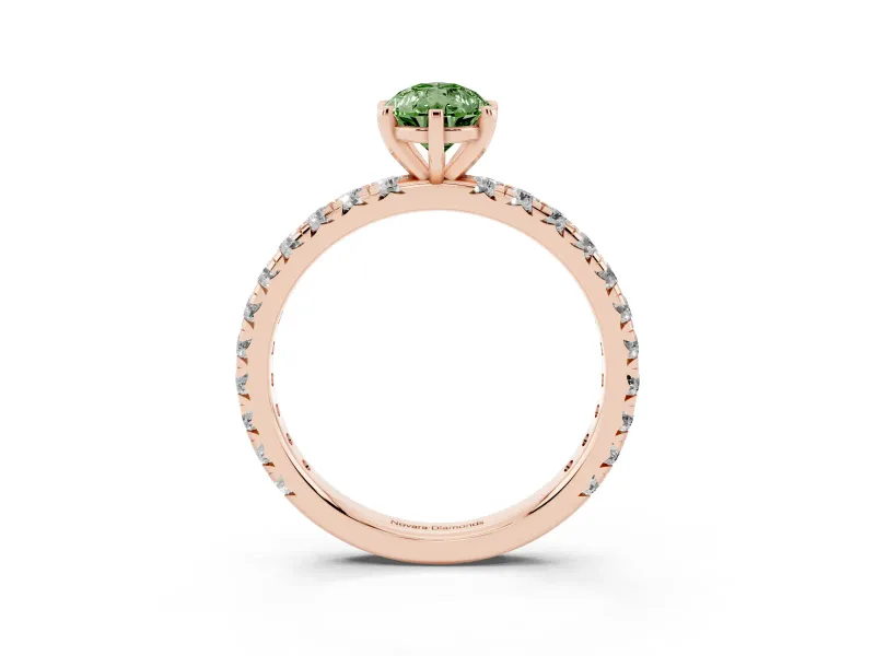Fancy Green Pear Cut Diamond Pavé Solitaire Ring Set in Rose gold with Round Band and Prong Setting