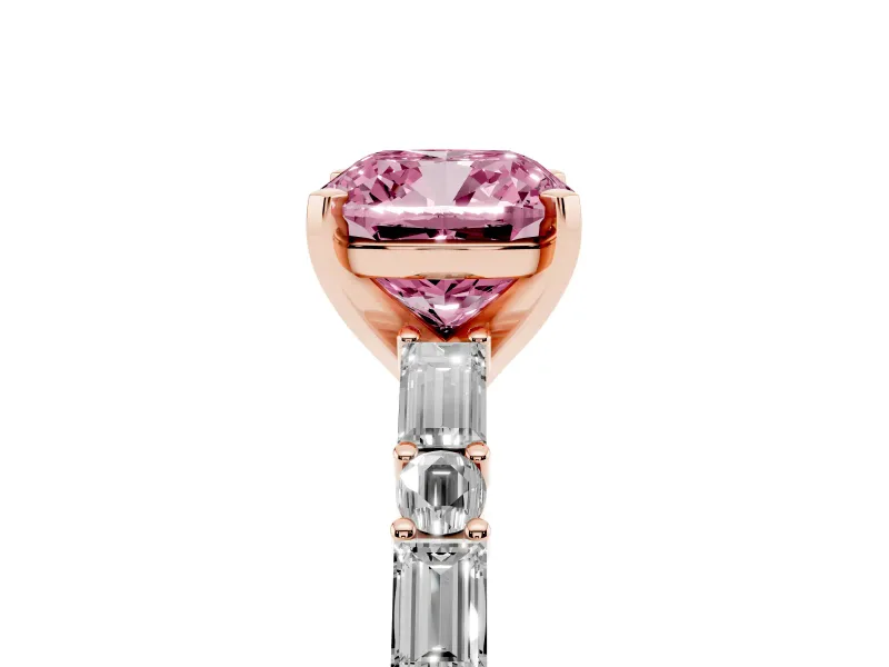Cushion Cut Baguette Side Stone Engagement Ring Setting for a Fancy Pink Lab-Grown Diamond | Rose Gold