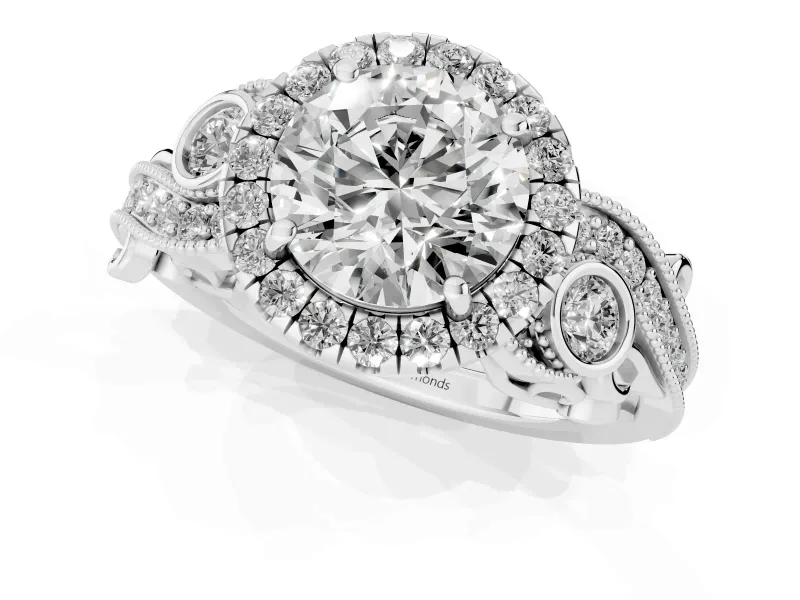 Round Vintage Milgrain Halo Engagement Ring Setting | Bezel Shoulder Accents | Platinum