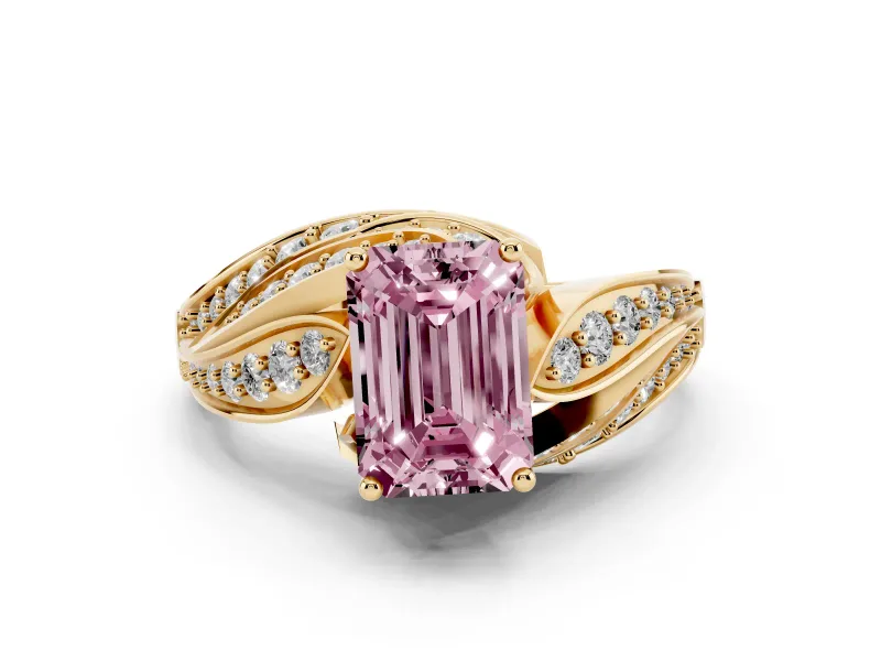 Fancy Pink Emerald Cut Diamond Solitaire Ring Set in Yellow gold with Layered Twist Pavé Band