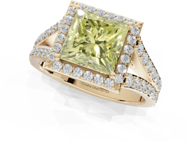Princess Cut Halo Pavé Engagement Ring Setting for a Fancy Yellow Lab-Grown Diamond | Narrow Split Shank | Yellow Gold