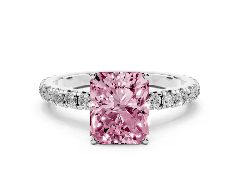 Fancy Pink Radiant Cut Diamond Pavé Solitaire Engagement Ring Set in Platinum with Prong Setting