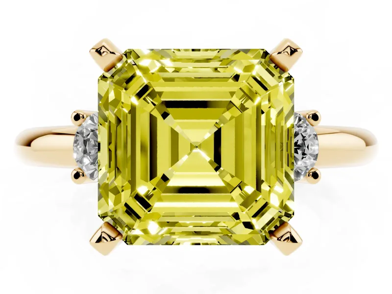 Fancy Yellow Three-Stone Asscher Cut Diamond Ring Set in Yellow gold with Prong Setting and Plain Band