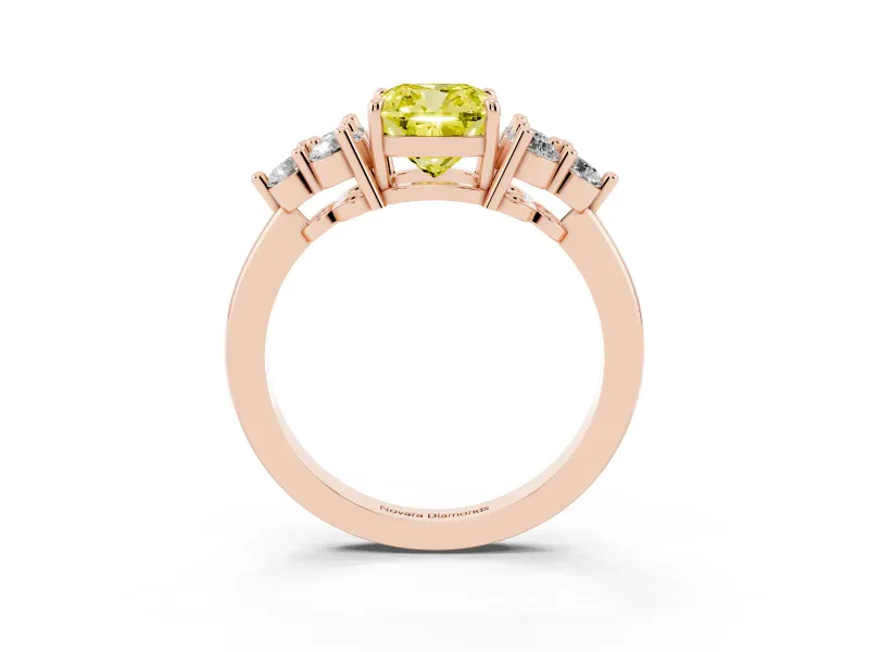 Fancy Yellow Cushion Cut Diamond Solitaire Ring Set in Rose gold with Cluster Accents on Each Side