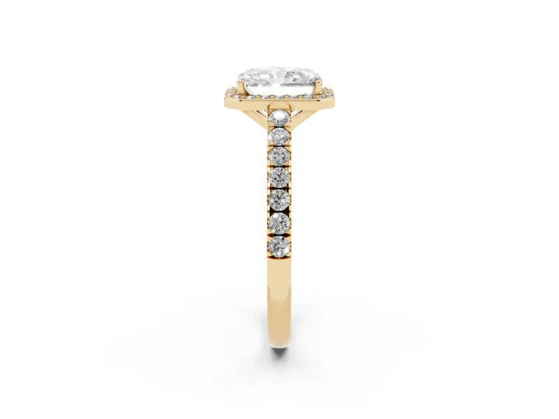 Radiant Cut Diamond Halo Engagement Ring Set in Yellow gold with Pavé Band and Prong Setting