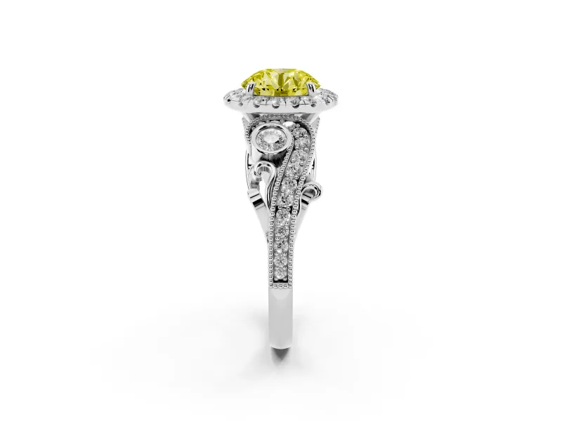 Fancy Yellow Round Cut Diamond Halo Ring Set in Platinum with Milgrain Pavé Band and Prong Setting