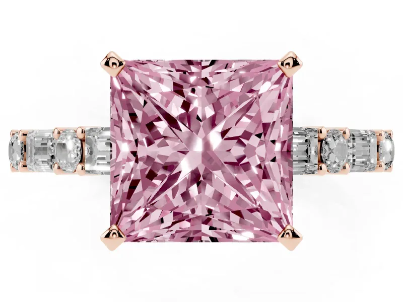Fancy Pink Princess Cut Diamond Solitaire Set in Rose gold with Side Baguettes and Channel Set Band