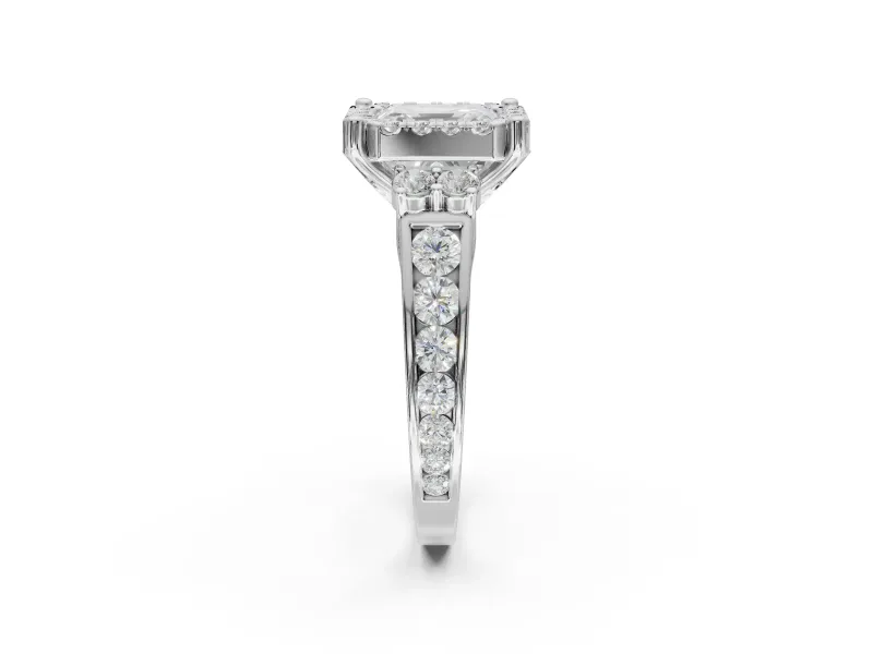 Asscher Cut Halo Side Cluster Engagement Ring Setting | Graduated Channel Band | Platinum