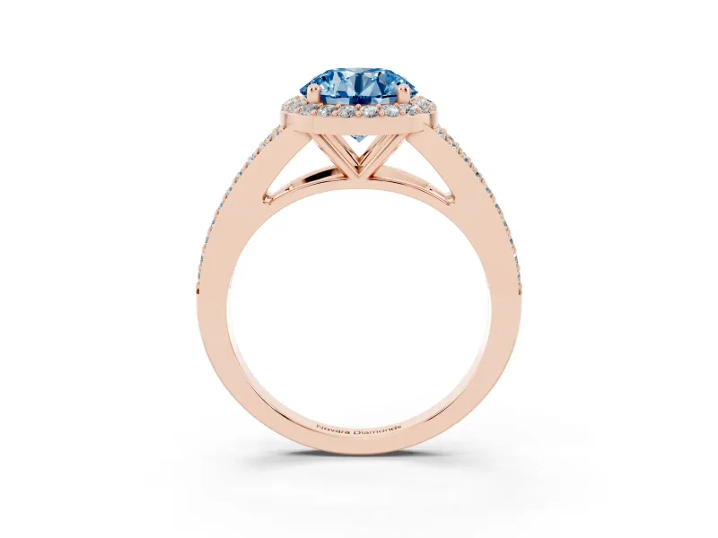 Round Halo Engagement Ring Setting for a Fancy Blue Lab-Grown Diamond | Pave Split Shank | Rose Gold