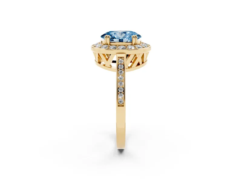 Oval Halo Engagement Ring Setting for a Fancy Blue Lab-Grown Diamond | Polished Halo Rim | Yellow Gold