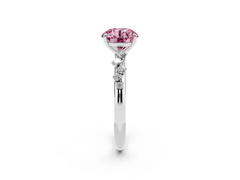 Fancy Pink Round Cut Diamond Cluster Solitaire Ring Set in White gold with Prong Setting