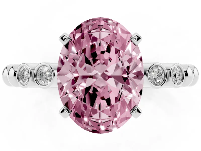 Fancy Pink Oval Cut Diamond Solitaire Engagement Ring Set in Silver with Bezel Accents on Beaded Band
