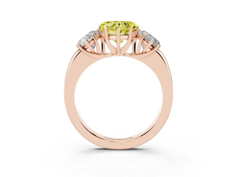 Fancy Yellow Heart Cut Diamond Three-Stone Ring Set in Rose gold with Bold Center and Classic Band