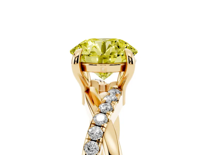 Fancy Yellow Round Cut Diamond Twist Band Solitaire Set in Yellow gold with Pavé Accents and Prong Setting