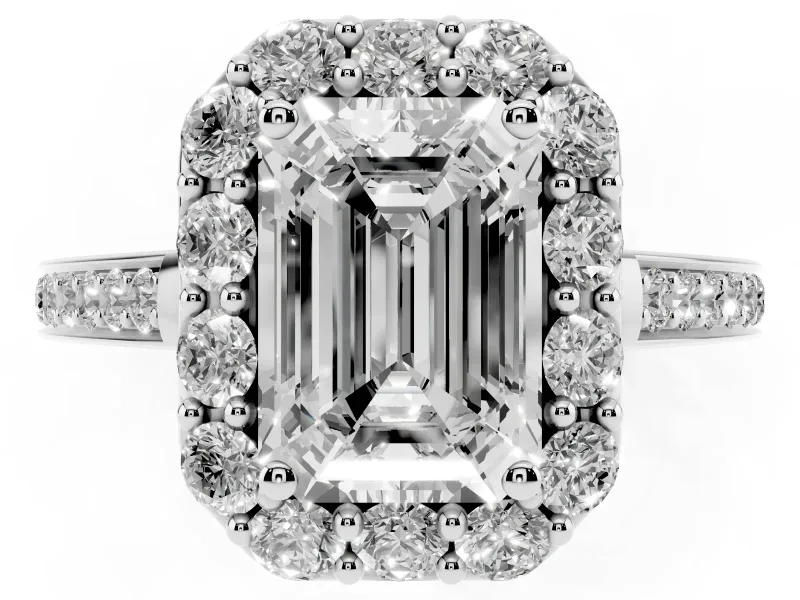 Emerald Cut Floral Halo Engagement Ring Setting | Large Round Accents | White Gold